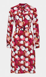 Redcliffe luxurious pure Italian silk crepe de chine belted neck tie long sleeve midi shift dress in rhubarb red, berry and crème ivory white graphic geometric print