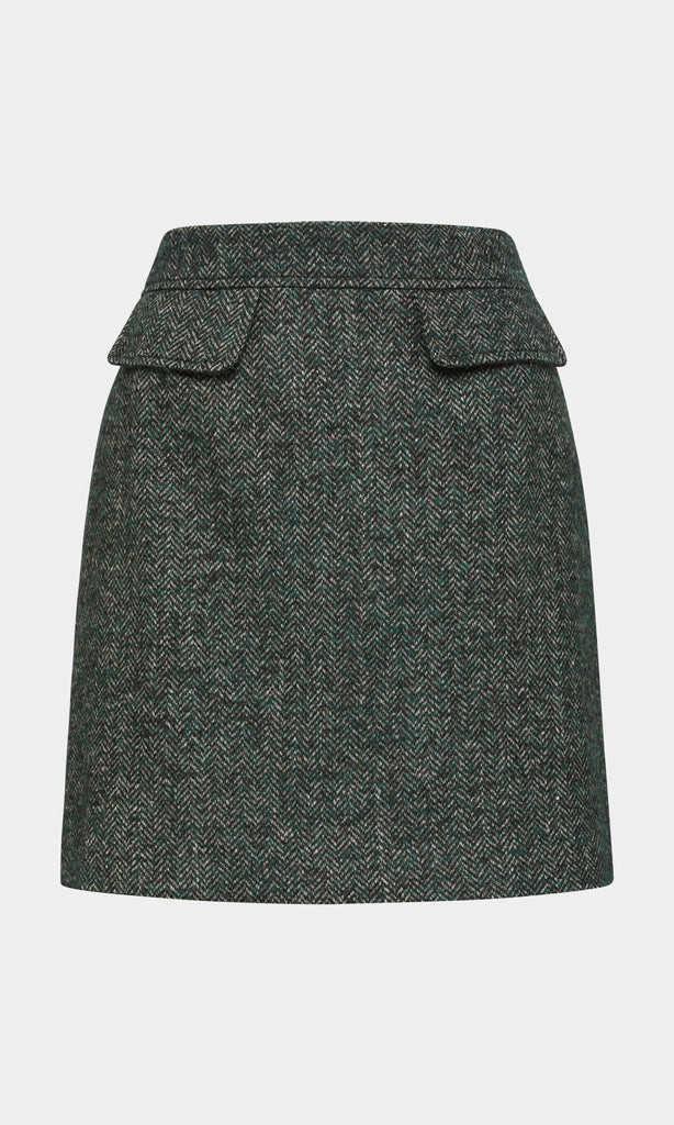 Goodrich luxurious high-end wool, alpaca and linen blend A-line mini skirt with flap pockets in green herringbone