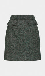 Goodrich luxurious high-end wool, alpaca and linen blend A-line mini skirt with flap pockets in green herringbone