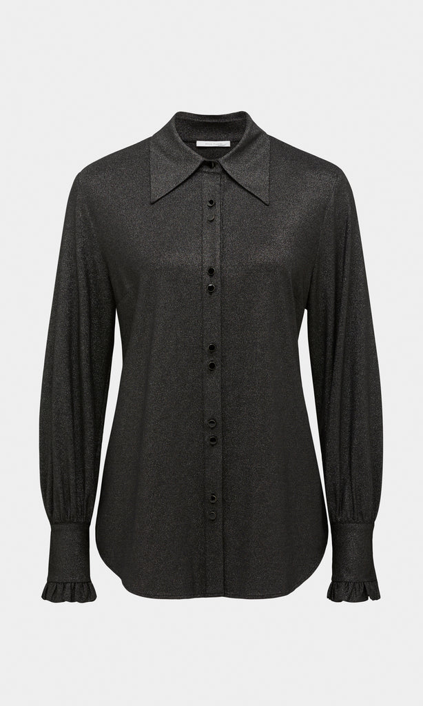 Luccia luxurious stretch viscose sparkle wide sleeve cuff and ruffle sleeve hem collared button down shirt with sparkle edged button detail in black