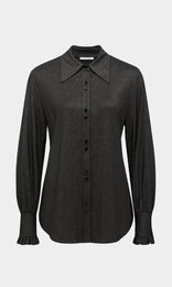 Luccia luxurious stretch viscose sparkle wide sleeve cuff and ruffle sleeve hem collared button down shirt with sparkle edged button detail in black