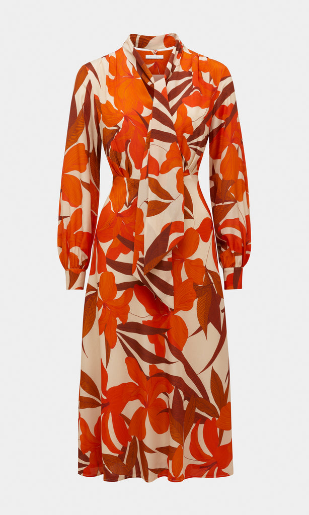 Mirabello luxurious pure silk neck tie V-neck long bishop cuff sleeve wrap bodice A-line midi dress in burnt orange, red, chestnut brown and camel floral print 