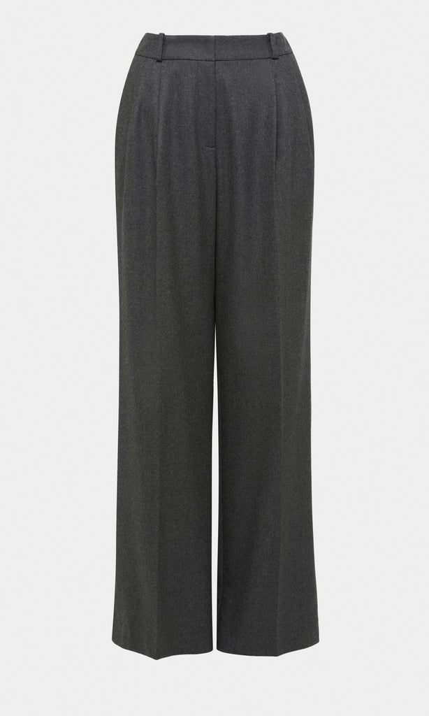 Romsey luxurious Italian wool blend mélange flannel mid rise wide leg tailored trouser with soft waist pleats in charcoal grey