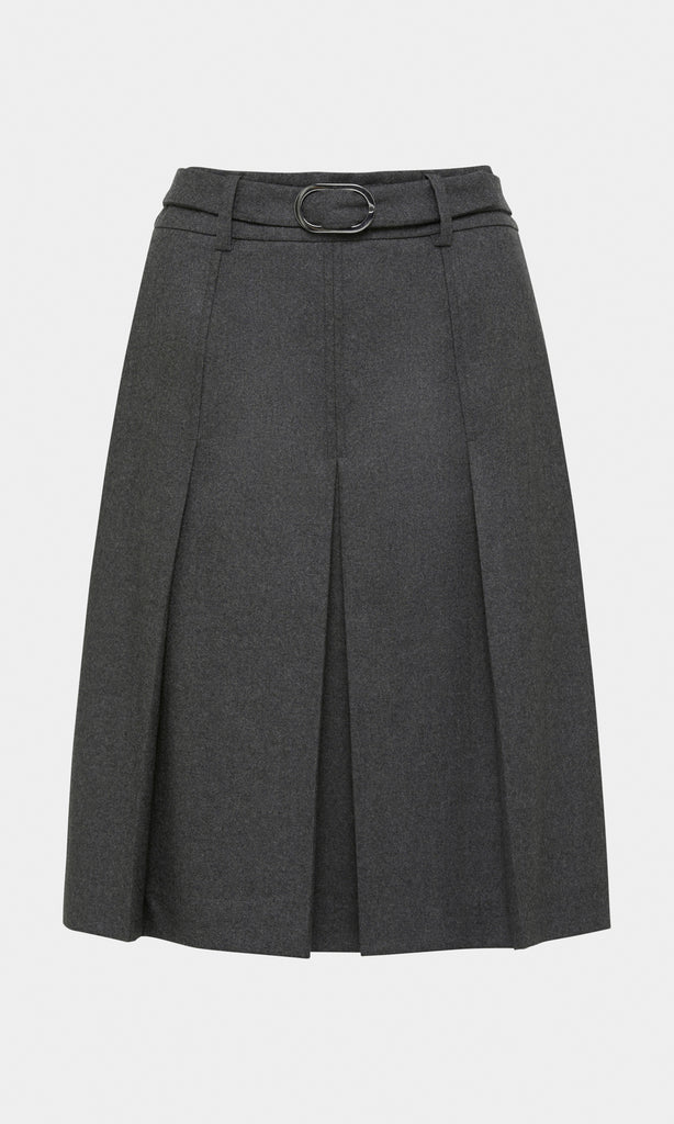 Romsey luxurious Italian wool blend mélange flannel belted high waist pleated knee length skirt with topstitch detailing in charcoal grey