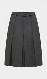Romsey luxurious Italian wool blend mélange flannel belted high waist pleated knee length skirt with topstitch detailing in charcoal grey