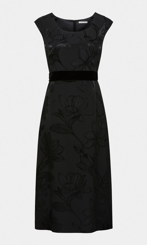 Rosemoyne luxurious Italian viscose jacquard high waist wide leg trouser with refined silk satin contrast waistband in black floral jacquard print